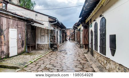 SARAJEVO, BOSNIA AND HERZEGOVINA - May 1 2014: Street with shops selling souvenirs at Bascarsija in the old city district