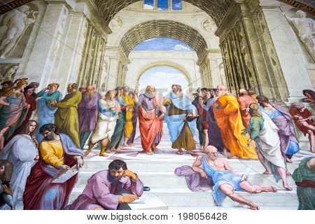 Rome Italy - March 11 2014: Vatican Museums room of the Signature the Raffaello's School of Athens painting