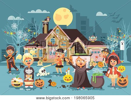 Stock vector illustration cartoon characters children Trick-or-Treat, boy, girl costumes, fancy dresses celebrate holiday party Happy Halloween, decorated pumpkins, skeletons, volatile mice flat style