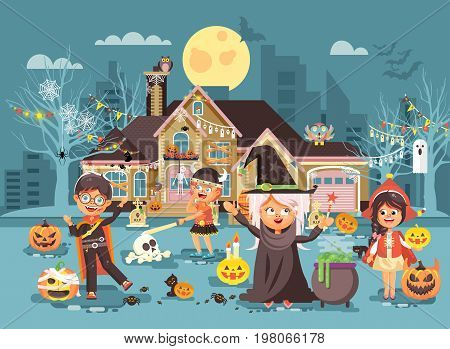 Stock vector illustration cartoon characters children Trick-or-Treat, boy, girl costumes, fancy dresses celebrate holiday party Happy Halloween, decorated pumpkins, skeletons, volatile mice flat style
