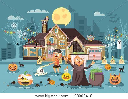 Stock vector illustration cartoon characters children Trick-or-Treat, boy, girl costumes, fancy dresses celebrate holiday party Happy Halloween, decorated pumpkins, skeletons, volatile mice flat style