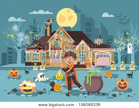 Stock vector illustration banner cartoon character child Trick-or-Treat, boy costumes, fancy dresses vampire, ghoul, bloodsucking celebrate holiday party Happy Halloween, decorated pumpkins flat style