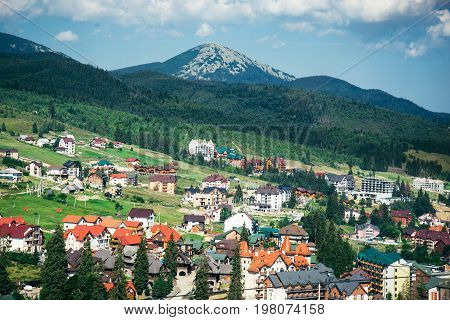 Mountain Village on a Sunny Summer day view from top