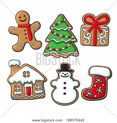Set of glazed homemade Christmas gingerbread cookies, sketch style vector illustration isolated on white background. Christmas gingerman, boot, tree, house, present and snowman gingerbread cookies