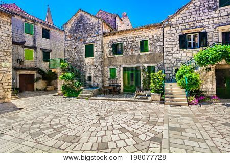 View at old square in 2400 years old Starigrad town, Island Hvar, oldest place in Croatia, Europe.