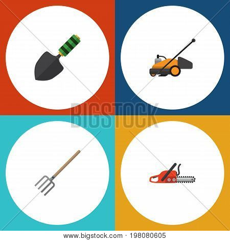 Flat Icon Farm Set Of Lawn Mower, Hay Fork, Trowel And Other Vector Objects