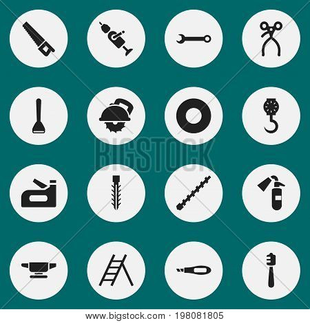 Set Of 16 Editable Tools Icons. Includes Symbols Such As Saw, Knife Box, Balance And More