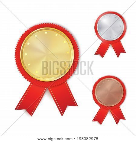 Set of gold, silver and bronze award medals. Rosettes with red ribbons. Medal, rosette vector collection isolated on white background. Premium badges. Winner awards.