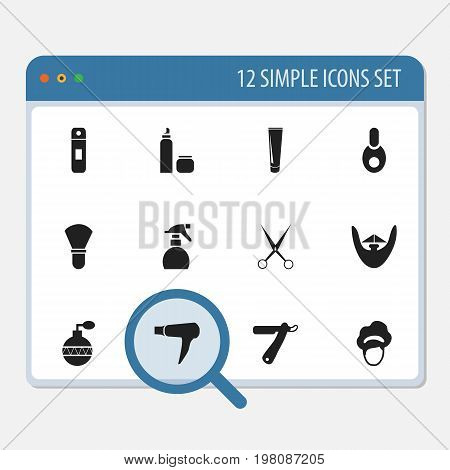 Set Of 12 Editable Tonsorial Artist Icons. Includes Symbols Such As Blow Dryer, Vial, Knife And More