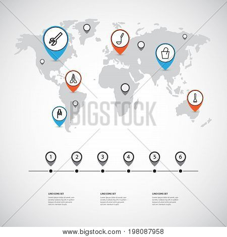 Set Of 6 Editable Tools Outline Icons. Includes Symbols Such As Tongs, Soup Ladle, Pail And More