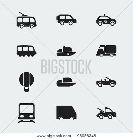 Set Of 12 Editable Shipment Icons. Includes Symbols Such As Motorbus, Airship, Family Jeep And More
