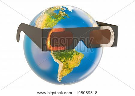 Solar Eclipse concept Earth Globe with solar eclipse glasses. 3D rendering isolated on white background