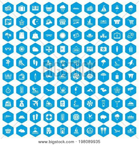 100 seaside resort icons set in blue hexagon isolated vector illustration