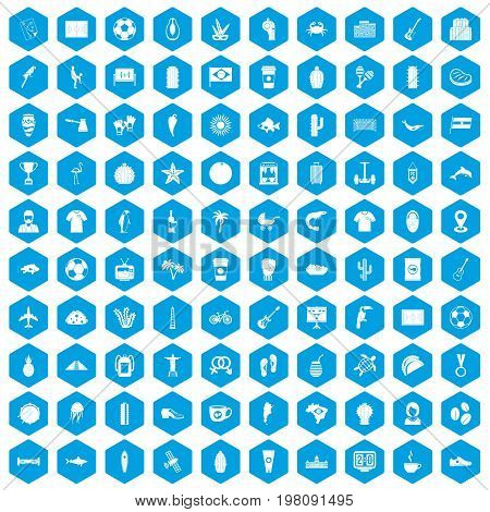 100 South America icons set in blue hexagon isolated vector illustration