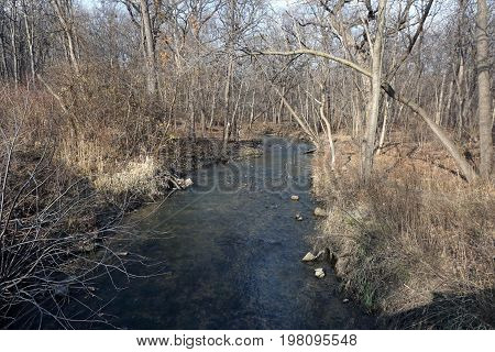 A creek in the Hammel Woods Forest Preserve in Shorewood, Illinois, leads to the Du Page River, during December.