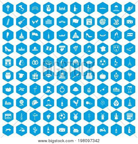 100 wine icons set in blue hexagon isolated vector illustration