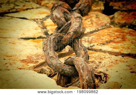 Anchor chain of a vessel on a mooring selective focus