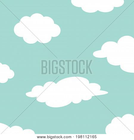 White cloud set on the sky. Fluffy clouds. Cute cartoon cloudscape. Cloudy weather sign symbols. Flat design Decoration element. Blue background. Vector illustration