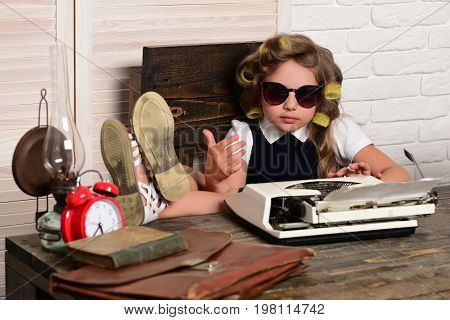 Child With Briefcase And Alarm Clock.