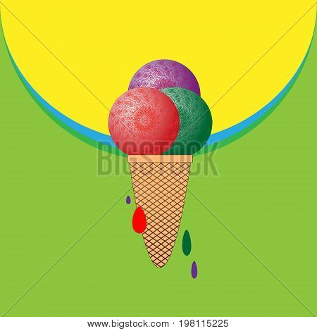 Bubble Ice Cream Super
Abstraction cold dessert bright in a waffle cup three large spheres
colored drops vector illustration