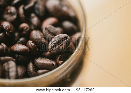 Closeup Arabica Rosted Coffee Bean Decoration Cafe Background Photography With Space For Text.
