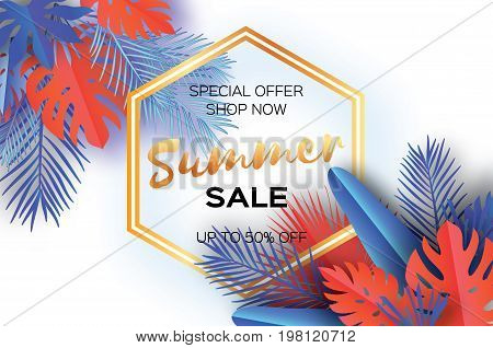 Trendy Summer Sale Template banner. Paper art Tropical palm leaves, plants. Exotic. Hawaiian. Space for text. Hexagon frame. Colorful jungle floral background. Monstera. Vector illustration