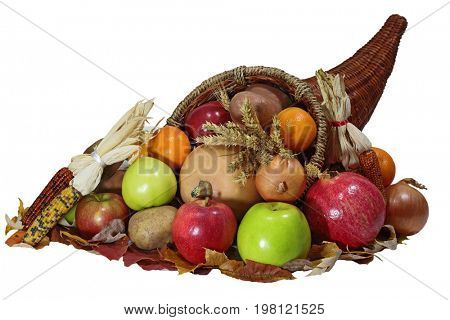 Thanksgiving cornucopia horn of plenty  with vegetable, fruits harvest  over white background