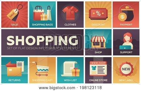 Set of modern vector flat design icons of shopping process elements with gradient colors. Online, secure, delivery, auction, coupon, assistance, call, location, tracking code, gift, money back shipping