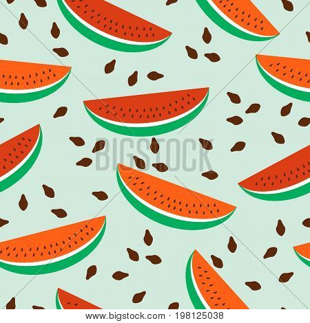Seamless background with watermelon slices on green background.