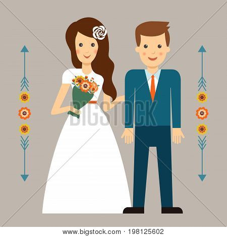 Illustration of the wedding.Cartoon bride and groom.The wedding invitation