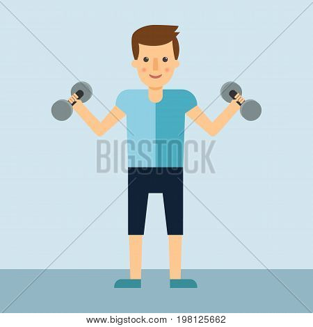 Fitness concept with smiling cartoon training man and set of flat healthy lifestyle and sports icons.