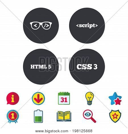 Programmer coder glasses icon. HTML5 markup language and CSS3 cascading style sheets sign symbols. Calendar, Information and Download signs. Stars, Award and Book icons. Light bulb, Shield and Search