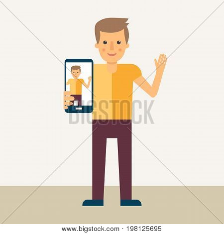 Self cartoon taking self portrait photo with smart phone
