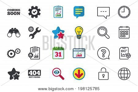 Coming soon icon. Repair service tool and gear symbols. Wrench sign. 404 Not found. Chat, Report and Calendar signs. Stars, Statistics and Download icons. Question, Clock and Globe. Vector