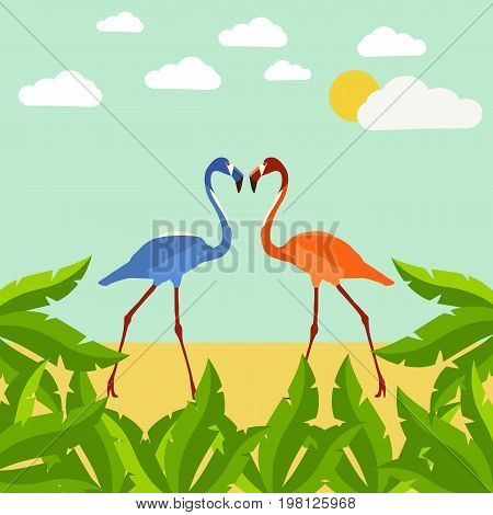 Illustration of palm trees and flamingos on the beach