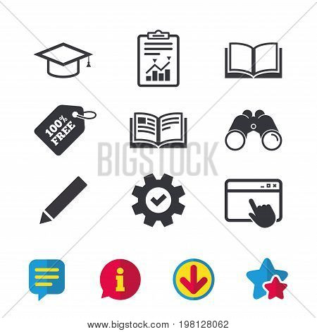 Pencil and open book icons. Graduation cap symbol. Higher education learn signs. Browser window, Report and Service signs. Binoculars, Information and Download icons. Stars and Chat. Vector