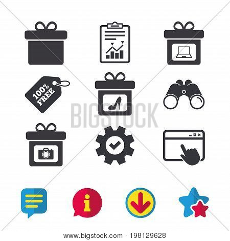 Gift box sign icons. Present with bow symbols. Photo camera sign. Woman shoes. Browser window, Report and Service signs. Binoculars, Information and Download icons. Stars and Chat. Vector