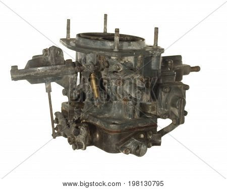 Old worn carburettor from an old car isolated on white background.