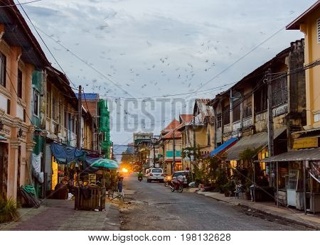 Buildings On The Street Of Kampot Old Town. Cambodia