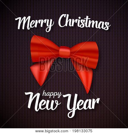 Illustration of Vector Merry Christmas Greeting Card. Realistic Red Ribbon with Paper Lettering on Kneeted Pattern Background