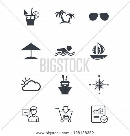 Cruise trip, ship and yacht icons. Travel, cocktails and palm trees signs. Sunglasses, windrose and swimming symbols. Customer service, Shopping cart and Report line signs. Vector