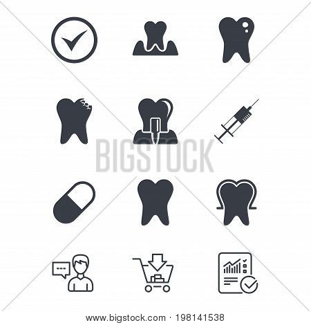 Tooth, dental care icons. Stomatology, syringe and implant signs. Healthy teeth, caries and pills symbols. Customer service, Shopping cart and Report line signs. Online shopping and Statistics. Vector
