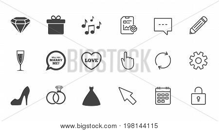 Wedding, engagement icons. Rings, gift box and brilliant signs. Dress, shoes and musical notes symbols. Chat, Report and Calendar line signs. Service, Pencil and Locker icons. Vector