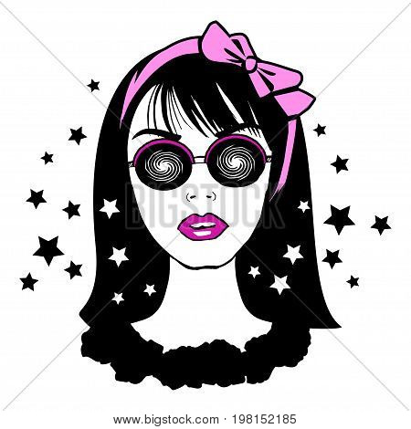 Young pretty teenager girl in hypnotic glasses with pink bow on head. Portrait of fashion young brunette. Stylish hipster teen. Vector illustration