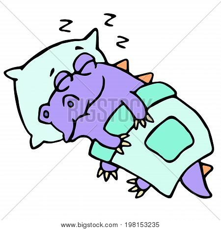 Dragon sleeping in bed. Vector illustration. Cute cartoon character.