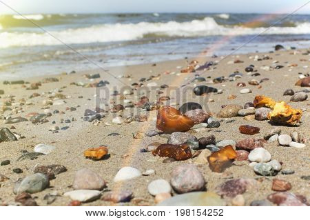 Some pieces of amber found on the Baltic seashore on hand close up cold sea in background
