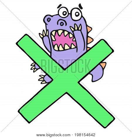 Scared purple dragon and big green cross mark. Vector illustration. Funny cartoon imaginary character on isolated background.