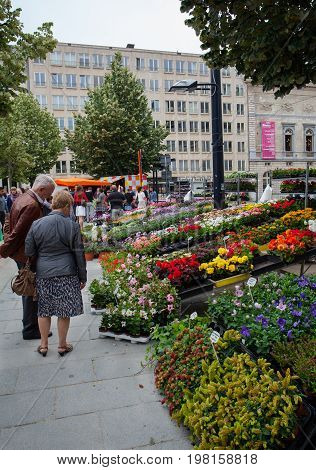 Ghent Belgium - June 26 2011: Flower market Kouter in Ghent