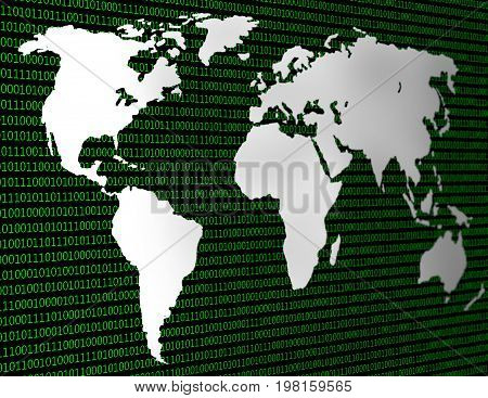 Image of a flat world map against a background of binary code