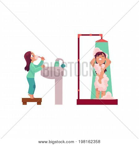Little girl brushing teeth and taking shower, daily washing routine, cartoon vector illustration isolated on white background. Cartoon little girl brushing teeth and taking shower in bathroom